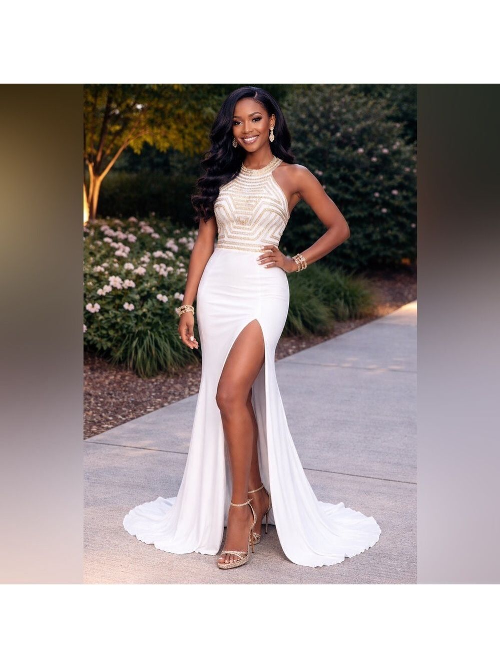 Faviana Prom Size 4 Light Ivory White Gold Beaded Pageant gown dress train NWT
